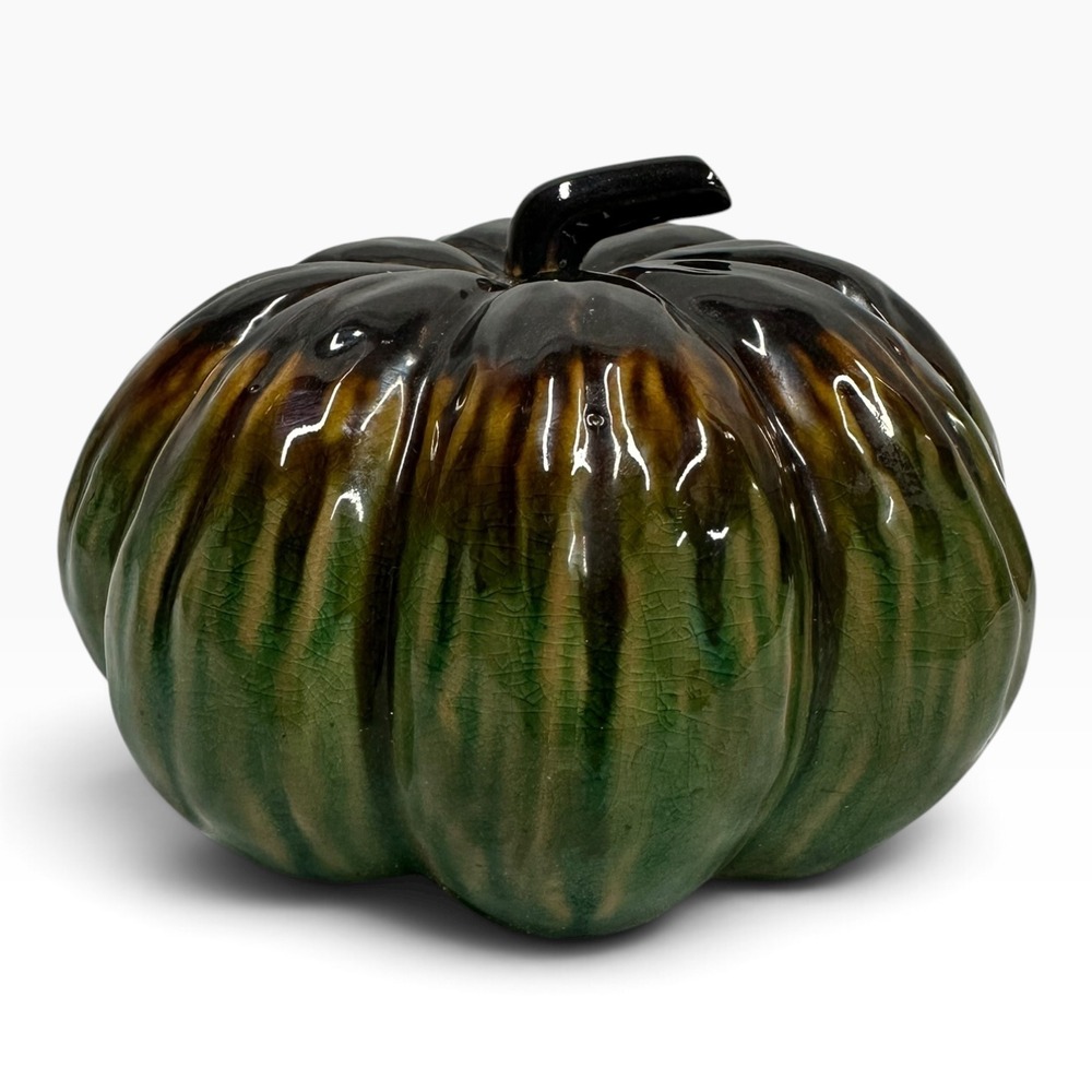 Ceramic Pumpkin Figurine Green Brown Drip Glaze Fall Autumn Decor 6"